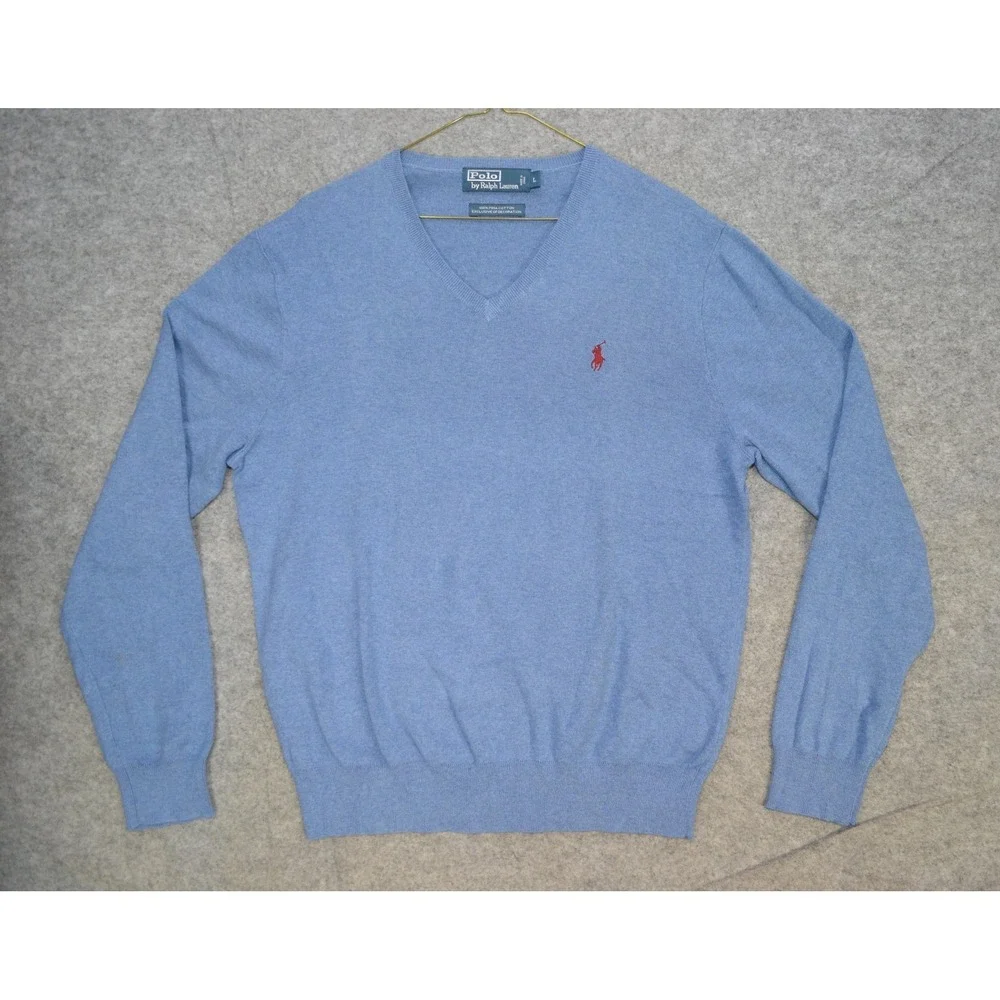 VTG Polo Ralph Lauren Sweater Mens L Blue‎ Pure Pima Cotton V Neck Knit Pullover